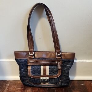 Chaps Blue Woven Bag With Brown Trim